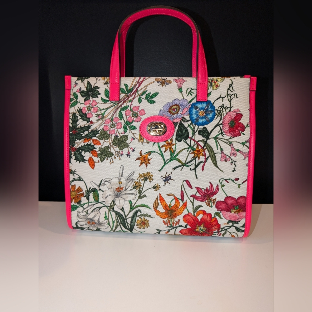 Gucci Floral Cabas Shoulder Tote With Hot Pink Leather Accents